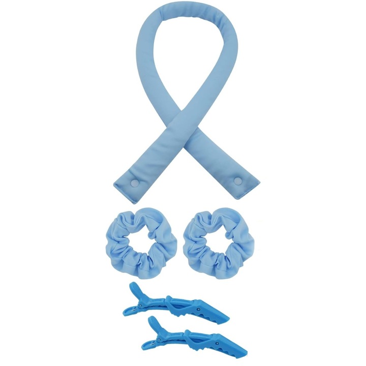 5 darabos szett, hő nélküli hajcsavaró, 2 hajgumi és 2 hajcsat, bársony, EVA hab, kék