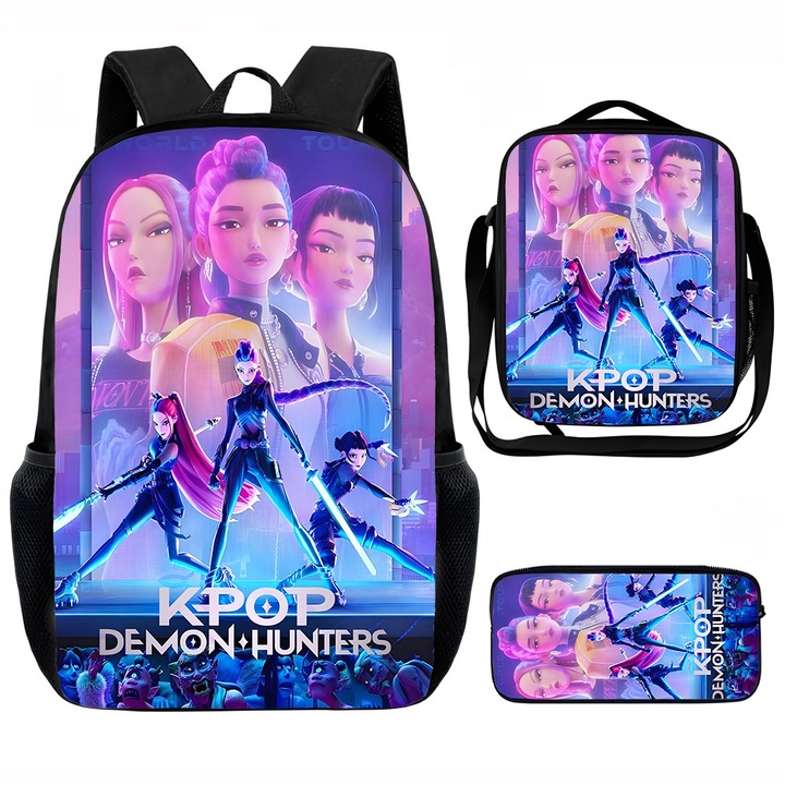 Set ghiozdan 3 piese KPop Demon Hunters, 15 inch, rucsac cu geanta de pranz si penar, design trendy pentru copii