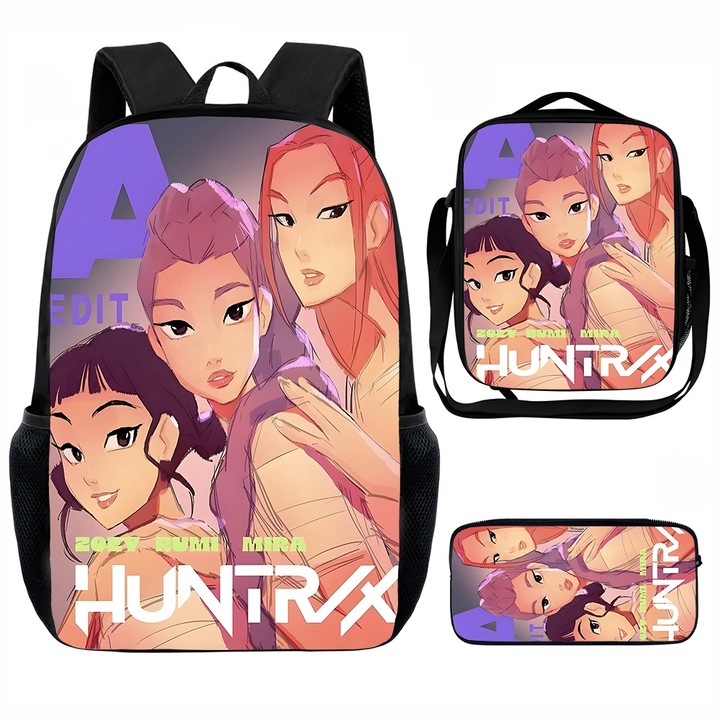 Set ghiozdan 3 piese KPop Demon Hunters, 15 inch, rucsac cu geanta de pranz si penar, design trendy pentru fete
