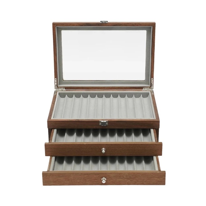 Cutie pentru pixuri cu 3 niveluri, 34 de compartimente, captuseala din catifea, stil retro, culoare nuc