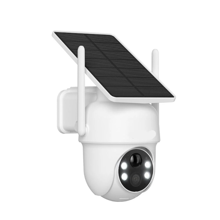 Комплект безжична соларна 2K камера с батерия, PTZ 360°, хуманоидно засичане, алармена сирена, 4-канален NVR, бяла