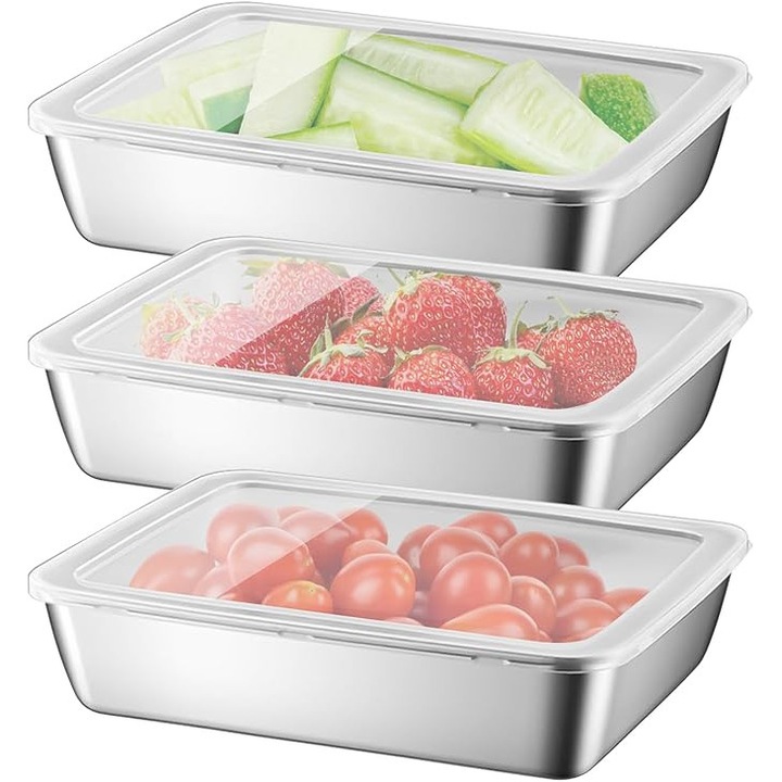 Set 3 recipiente depozitare alimente inox 304, Actsime, capac etans, stivuibile, pentru frigider si congelator, pentru branza, carne si alte alimente, reutilizabile, argintiu, 25x20x5 cm, 7, 5L