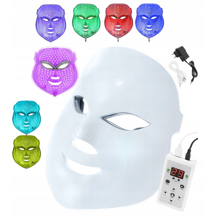 7 színű LED maszk, Moc Urody, öregedésgátló kezelés, ránccsökkentés, többszínű, 10W