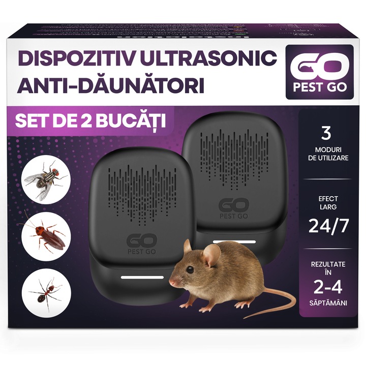 Ултразвуков апарат против вредители и мишки, GO PEST GO®, гризачи, плъхове, мишки, насекоми, ултразвуков, разширена защита, нетоксичен разтвор, безшумен, широка ефективна зона, рентабилен, 2 броя, черен