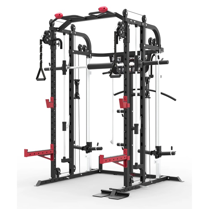 Aparat Multifunctional ASX-90 TOORX, 3-in-1: scripete dublu & rame, Smith machine, suport discuri ø50/ø25 mm, bara genuflexiuni, J-hooks, fermi siguranta, bara tractiuni, 8 suporturi discuri, 12 suporturi pentru discuri cu arc de ø49 mm si 4 ø25 mm