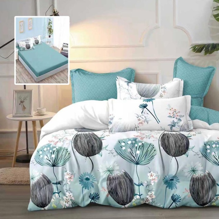 Dupla ágyfinet ágynemű pitypang mintával, gumis lepedő 180x200 cm, 6 részes, Különleges Ágyneműk