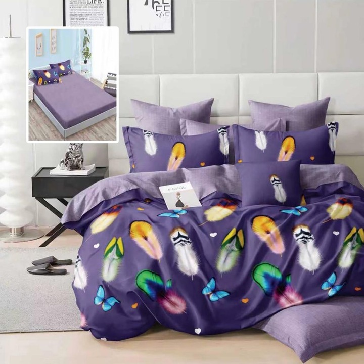 Lenjerie pat dublu din finet cu pene multicolore, cearceaf pat cu elastic 180x200 cm, 6 piese, Lenjerii Deosebite