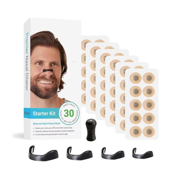 Pachet de 30 plasturi magnetici pentru ventilatie nazala cu clema nazala si dilatator respirator, circular