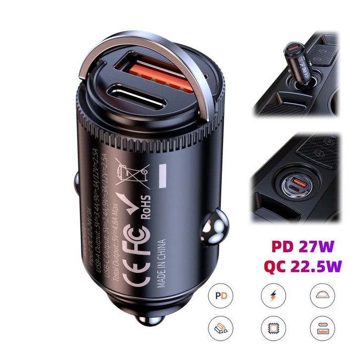 Láthatatlan 2 az 1-ben autós töltő, USB-C 27W + USB-A 22.5W, intelligens védelem, 12-24V, fekete