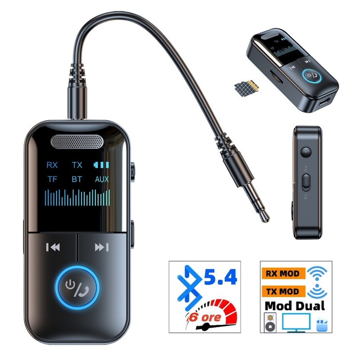 Adaptor Bluetooth Wireless 4in1, BT5.4, Mod Dual Transmitator/Receptor, Calitate Audio Hi-Fi, Fara Latenta, Afisaj LED, Redare Card TF, Apeluri Hands-Free, Reducere Zgomot, Baterie Incorporata cu 6 Ore Autonomie, Raza de Actiune 10 Metri, Negru