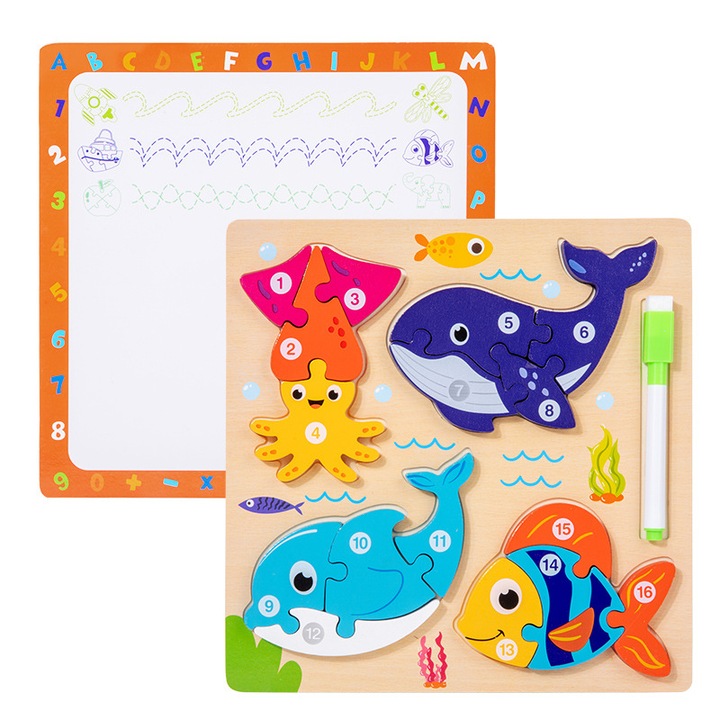 Jucarie educationala 2 in 1, puzzle cu animale si trafic, tabla de desen, 1-5 ani, multicolor