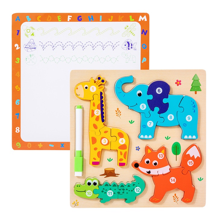 Puzzle educativ 2 in 1 pentru copii, animal si trafic, 1-4 ani, dimensiuni variate