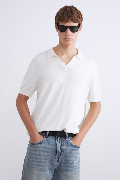 LC WAIKIKI, Pulover cu maneci scurte si guler ascutit, Alb murdar