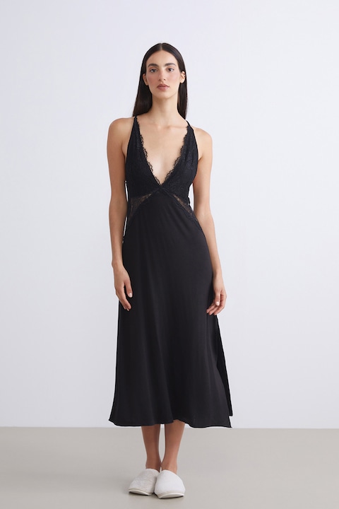 LC WAIKIKI, Camasa de noapte cu slituri laterale la terminatie, Negru, 3XL