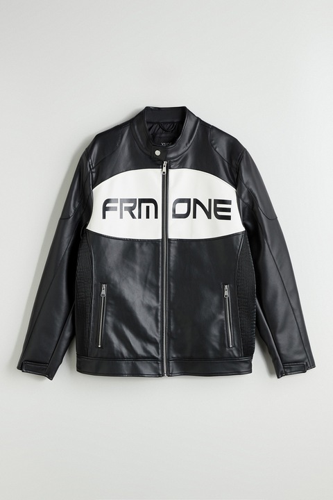 LC WAIKIKI, Jacheta din piele ecologica cu fermoar si imprimeu text, Alb/Negru