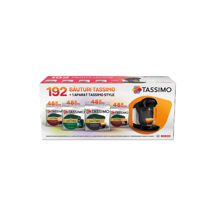 Pachet 12 cutii capsule cafea Tassimo, plus espressor Tassimo Style Negru