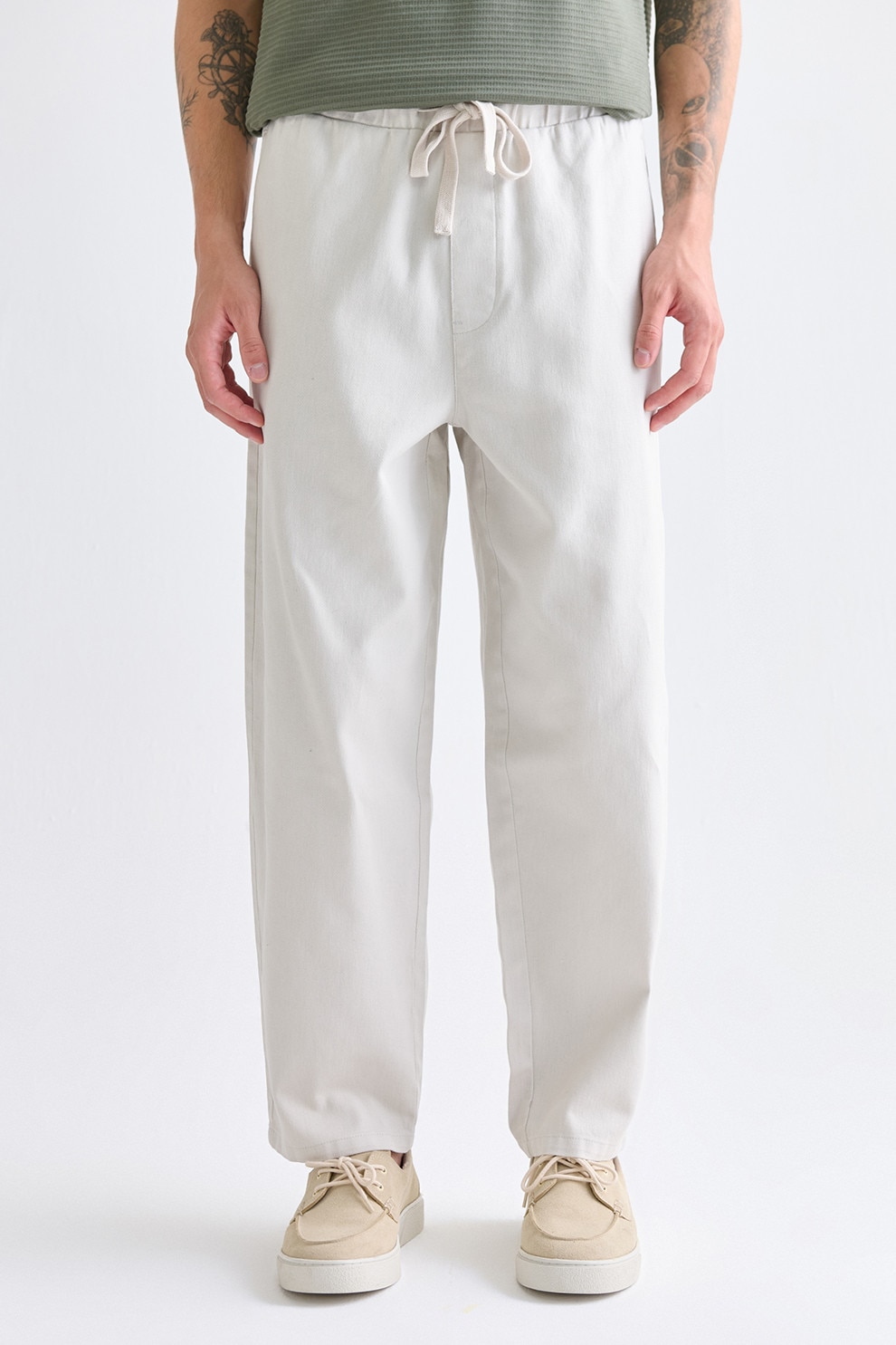 LC WAIKIKI, Pantaloni de bumbac relaxed fit cu snur, Alb murdar, 32
