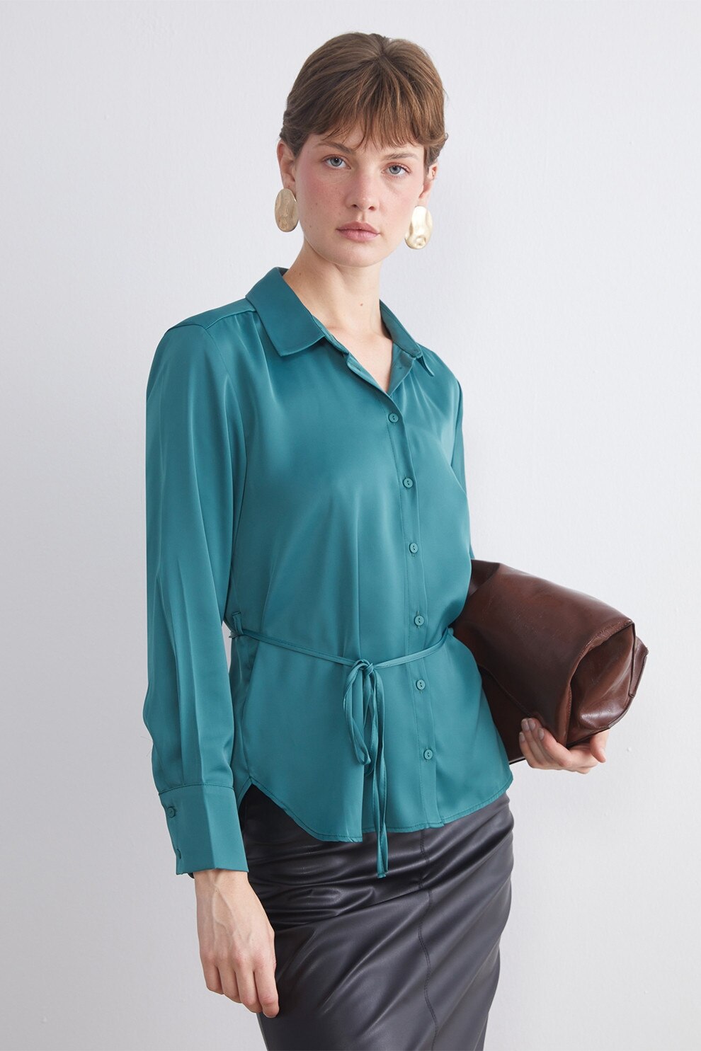 LC WAIKIKI, Camasa din satin cu cordon, Verde persan, 42