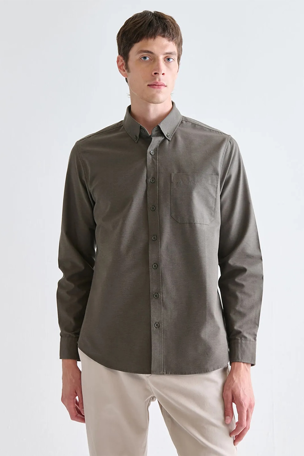 LC WAIKIKI, Camasa de bumbac cu buzunar pe piept, Kaki, L