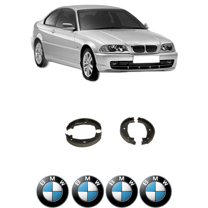 Set saboti frana BMW Seria 3 (E46) 320 d din 2001-2005, KW 110 CP 150 CMC 1995, sistem franare auto, Bosch, 4x Stickere auto cu BMW