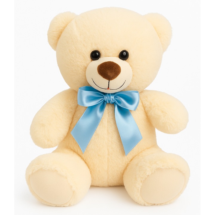 Ursulet de plus bej cu fundita albastra, 22 cm, jucarie pufoasa pentru copii