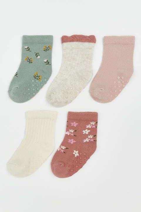 LC WAIKIKI, Set de sosete scurte cu talpa aderenta - 5 perechi, Roz deschis/Verde pal/Crem, 14-16 EU