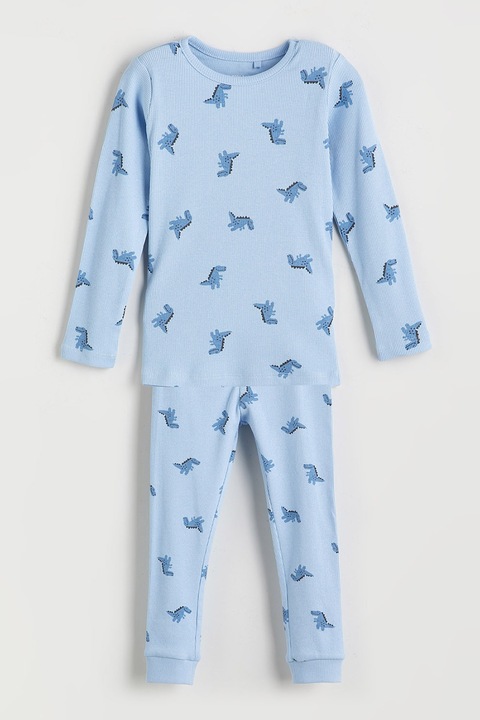 LC WAIKIKI, Pijama striata din amestec de bumbac cu dinozaur, Albastru glaciar, 68-74 CM