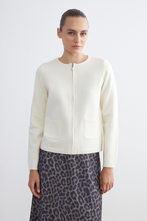 LC WAIKIKI, Cardigan cu decolteu la baza gatului si fermoar, Crem