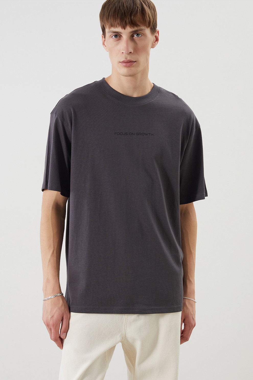 LC WAIKIKI, Tricou de bumbac cu decolteu la baza gatului, Gri inchis, S