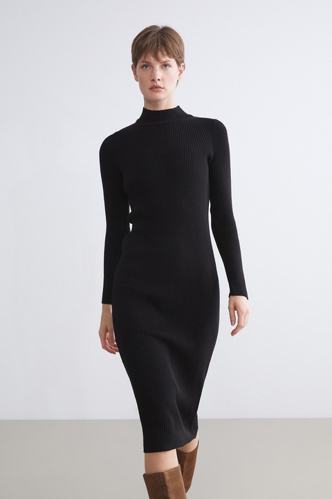 LC WAIKIKI, Rochie midi tricotata cu guler inalt, Negru