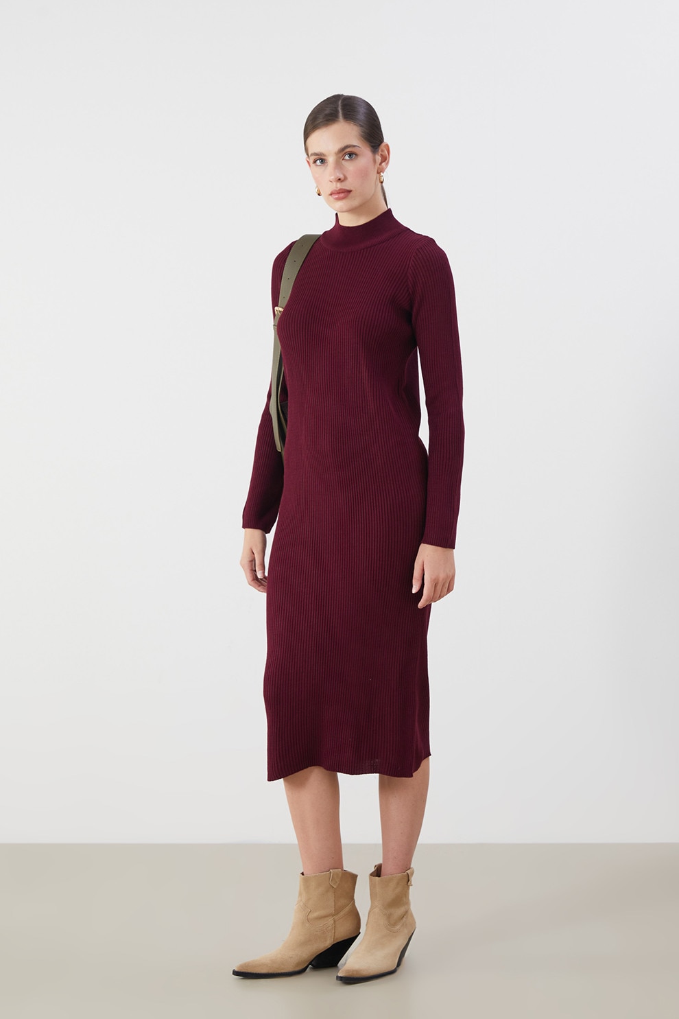 LC WAIKIKI, Rochie midi tricotata cu guler inalt, Visiniu, S
