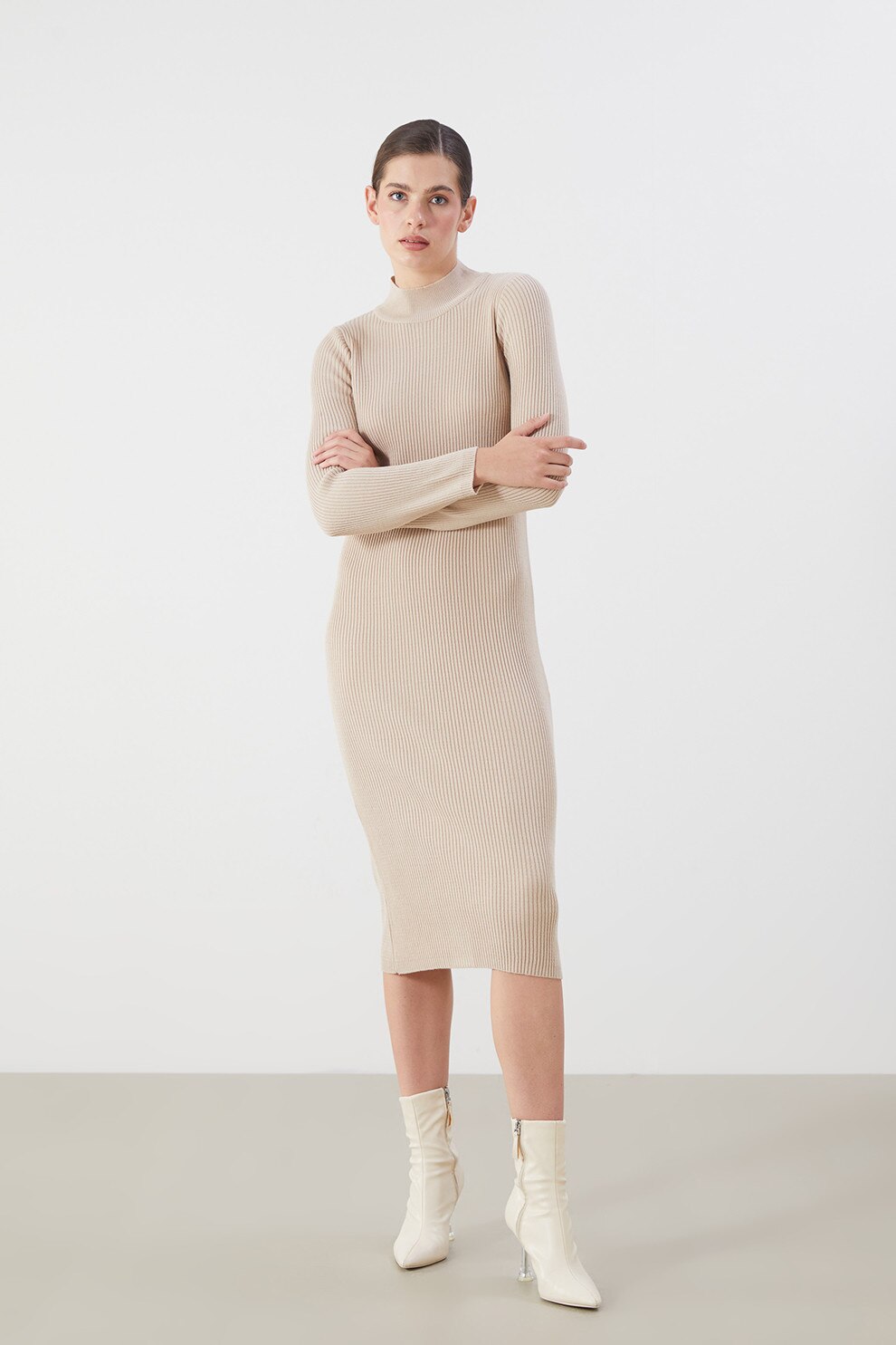 LC WAIKIKI, Rochie midi tricotata cu guler inalt, Bej, L