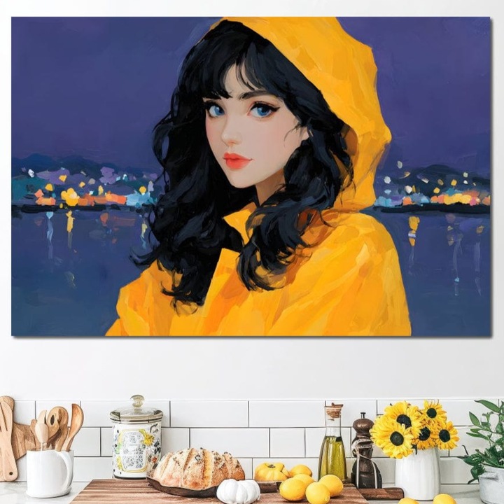 Картина LuxCanva G1215, Момичето от пристанището, Шаси, Дърво, Нощ, Жълто, Дъжд, Звезди, Сапфир, Пелерина, Очакване, Виолетово, Лодки, Град, Пътешественичка, Спомен, 100 X 150 см, 100% Памучно Платно 400гр/м2