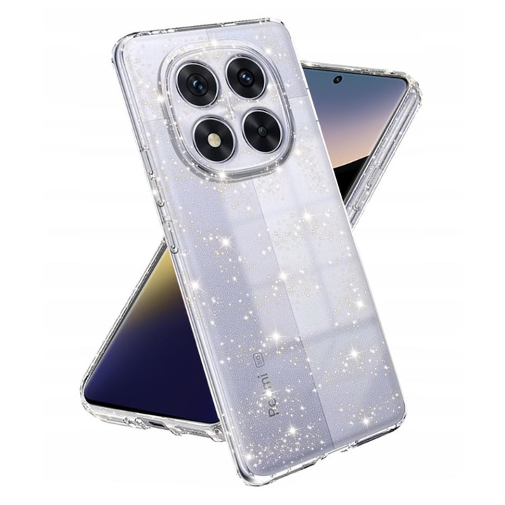 Husa pentru Xiaomi Redmi Note 14 Pro 5G / Poco X7, SKYDDAR INNOVATION, SparkleSkin din Silicon TPU cu Sclipici, Design Elegant, set cu sticker, Transparenta
