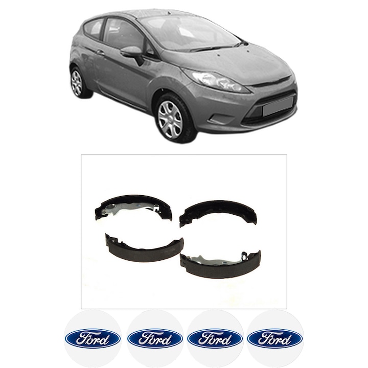 Set saboti frana FORD FIESTA VI (CB1, CCN) 1.6 Ti din 2010-2017, KW 99 CP 134 CMC 1596, sistem franare auto, Bosch, 4x Stickere auto cu FORD