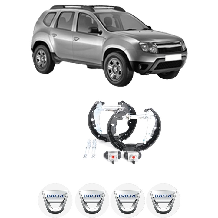 Set saboti frana DACIA DUSTER (HS_) 1.6 16V din 2010-2018, KW 77 CP 105 CMC 1598, sistem franare auto, Bosch, 4x Stickere auto cu DACIA