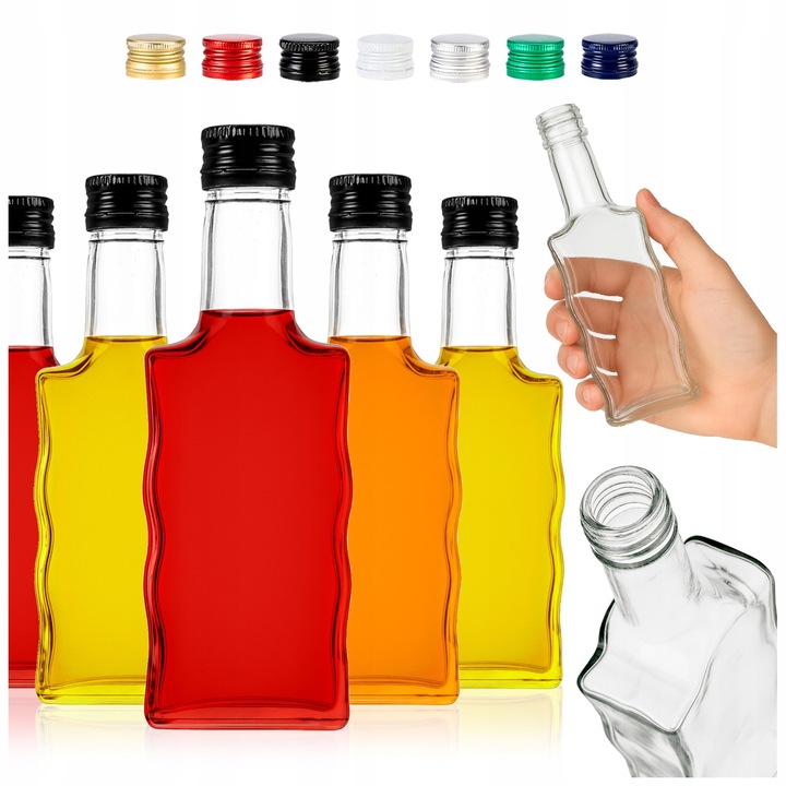 Комплект стъклени бутилки Unda 200 ml, капачка с резба 28/18 mm, стъкло, 200 ml, височина 18.5 cm, дълбочина 4 cm, ширина 6.2 cm, 18.5 x 6.2 x 4 cm, многоцветни, 20
