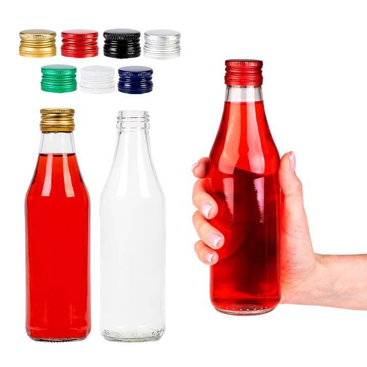Klasszikus üvegpalack készlet 250 ml menetes kupakkal, üveg, légmentes záródás menetes kupakkal, minimalista design, környezetbarát választás, 19 x 5.4 cm, többszínű, 20 db
