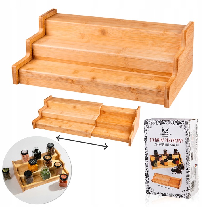 Set Suport Din Bambus Pentru Condimente Cu 24 Borcane, SuperButelki, Regabil, Igienic Si Sigur, Rezistent La Umiditate, Durabilitate Si Usurinta, 33.5 x 19.5 x 11 cm, Desfasurat 58.5 x 19.5 x 11 cm, Multicolor