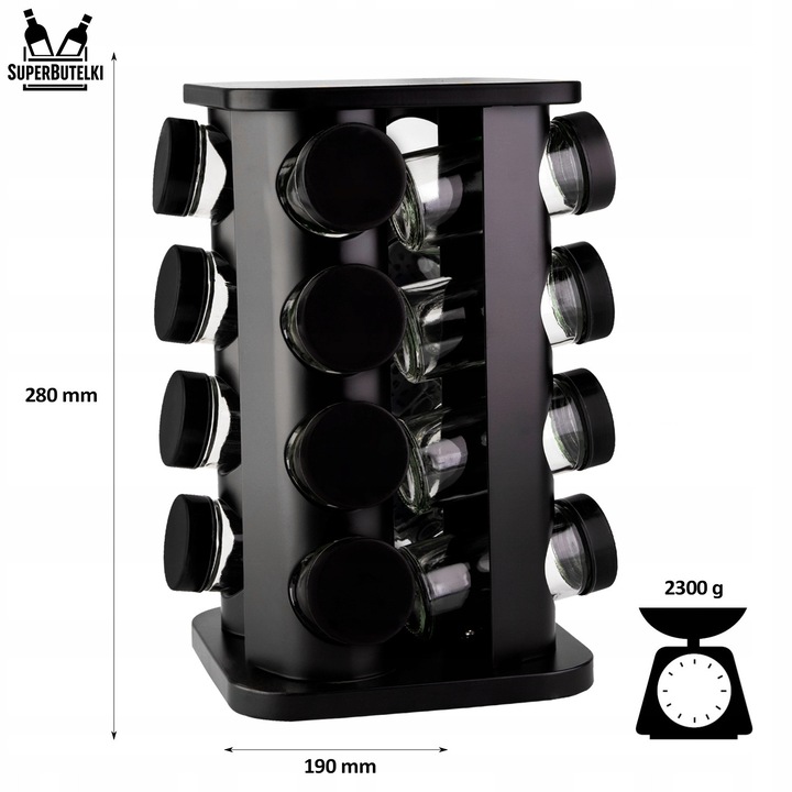 Set Suport Rotativ Pentru Condimente Cu 16 Borcane, SuperButelki, Sticla, Capac Etans, Autocolante Colorate, Constructie Rotativa, 28 x 19 x 9.5 cm, Negru
