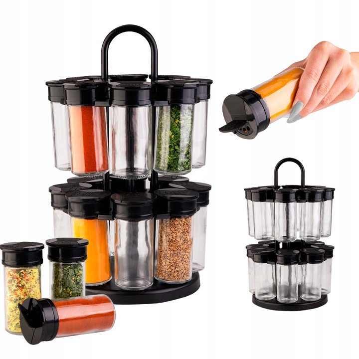 Set Organizator Pentru Condimente Cu 16 Borcane, Fabricat Din Plastic ABS de Inalta Calitate, Capace Etanse Care Pastreaza Prosperitatea Condimentelor, Pereti Transparenti Care Permit Identificarea Continutului, 32 x 19 x 10.5 cm, Negru