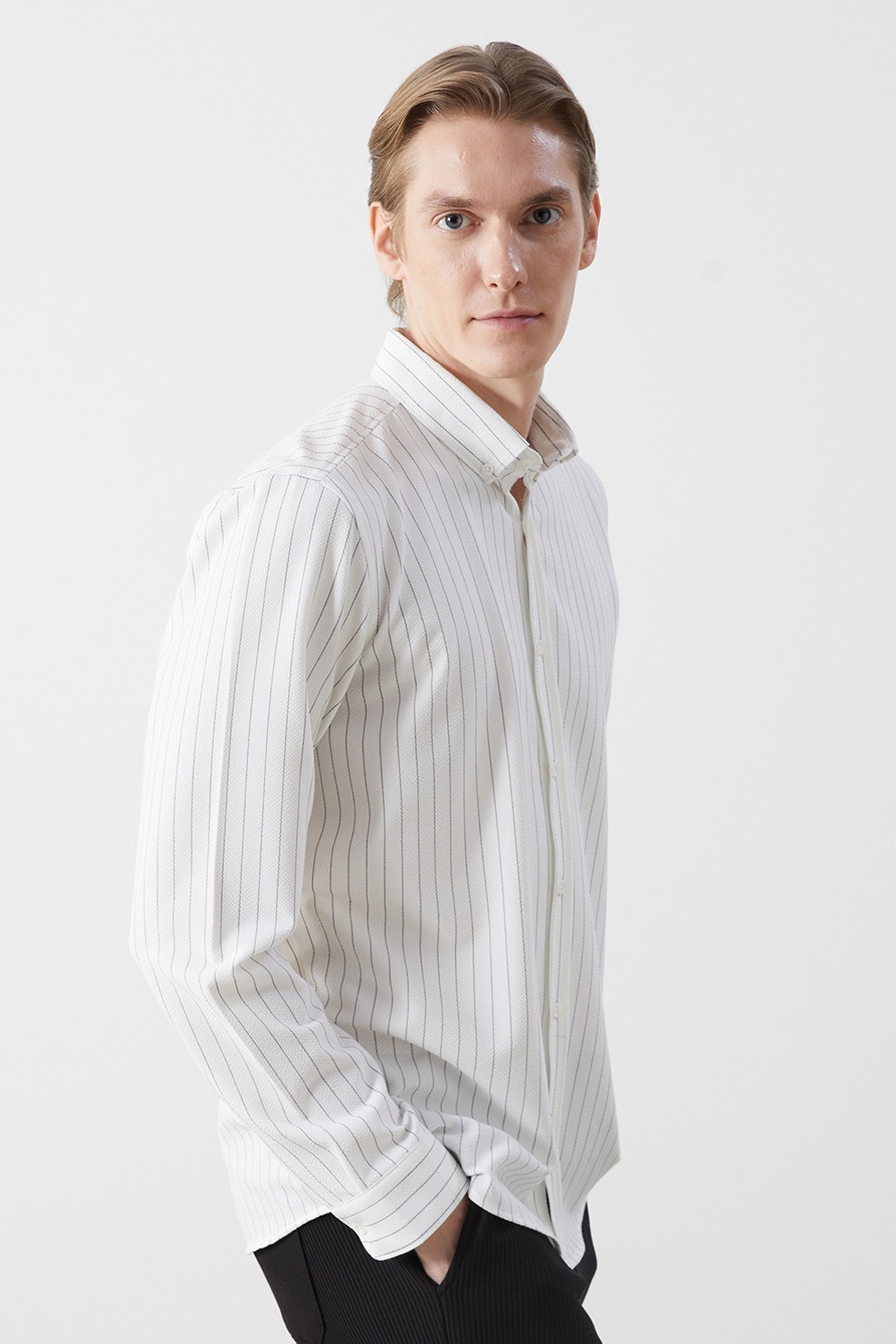 LC WAIKIKI, Camasa relaxed fit cu dungi si guler Oxford, Alb, M