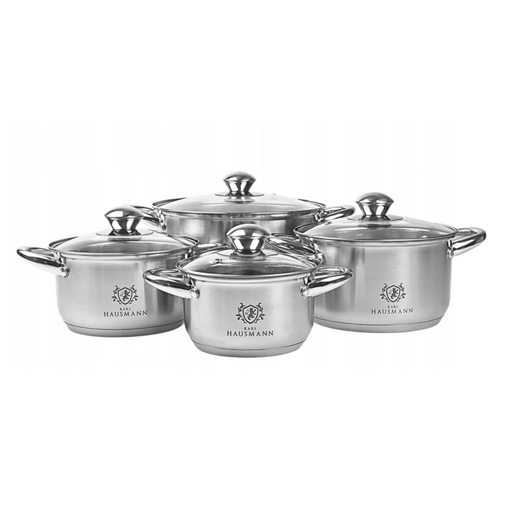 Set oale din inox Zinco 8 piese cu capace din sticla – pentru inductie, gaz, ceramica si electric