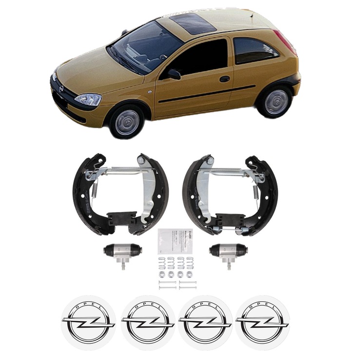 Set saboti frana OPEL CORSA C (X01) 1.0 (F08, F68) din 2003-2009, KW 44 CP 60 CMC 998, sistem franare auto, Bosch, 4x Stickere auto cu OPEL