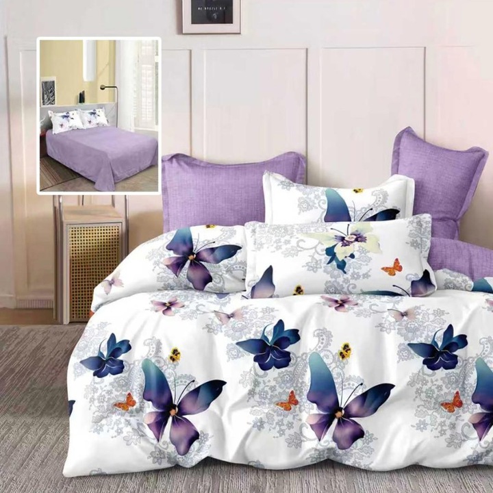 Kétszemélyes ágynemű finet anyagból, lila, pillangós, 220 x 240 cm, 6 részes, Különleges Ágyneműk