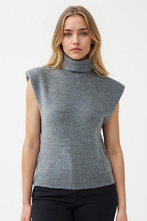 JIMMY KEY, Pulover cu umeri intariti si guler inalt, fara maneci, Gri melange