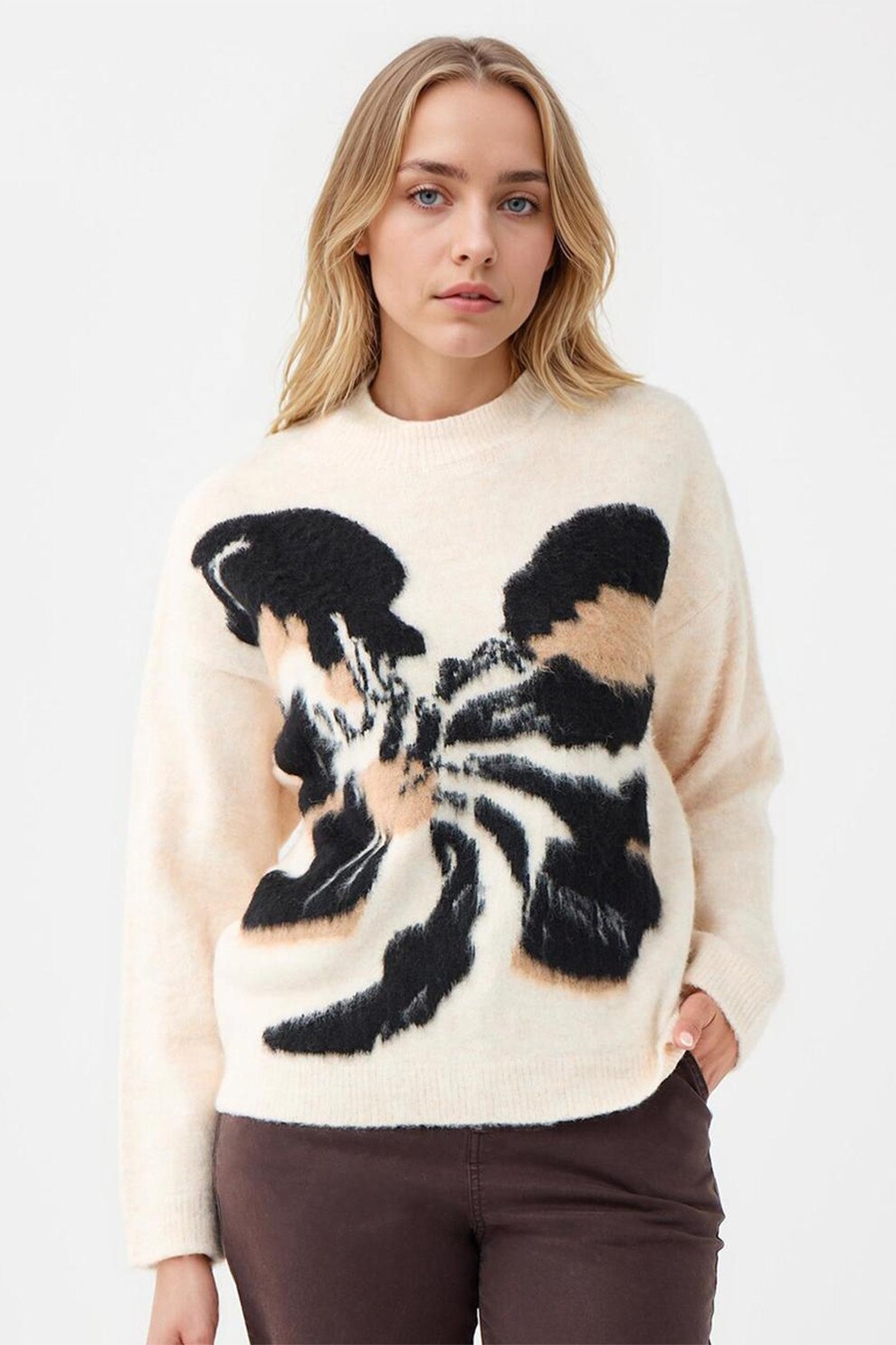 JIMMY KEY, Pulover cu decolteu la baza gatului si floare brodata