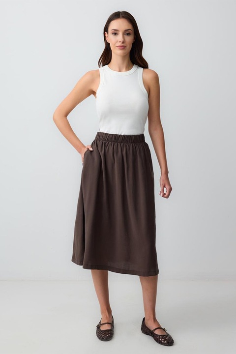 JIMMY KEY, Fusta midi evazata din amestec de modal, Maro