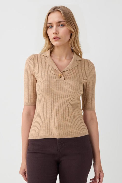 JIMMY KEY, Tricou slim-fit cu revere decupate si striatii, Bej inchis, L