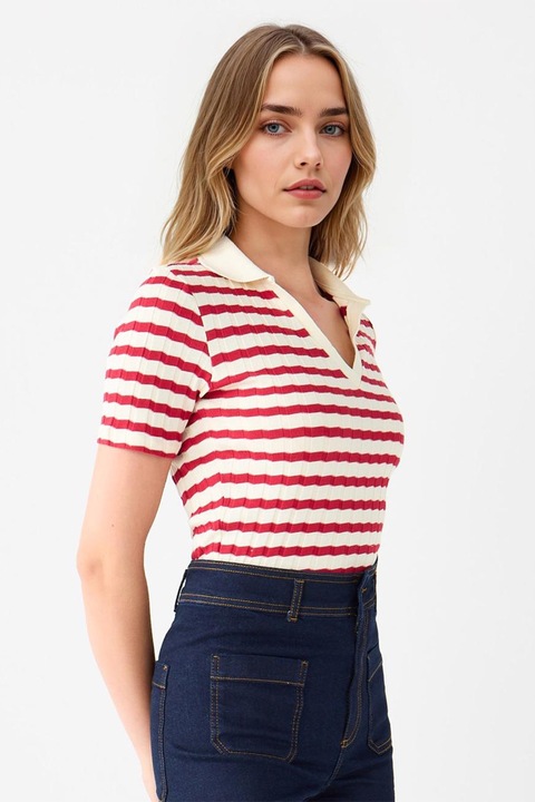 JIMMY KEY, Bluza polo din tricot, Rosu/Alb fildes, XL